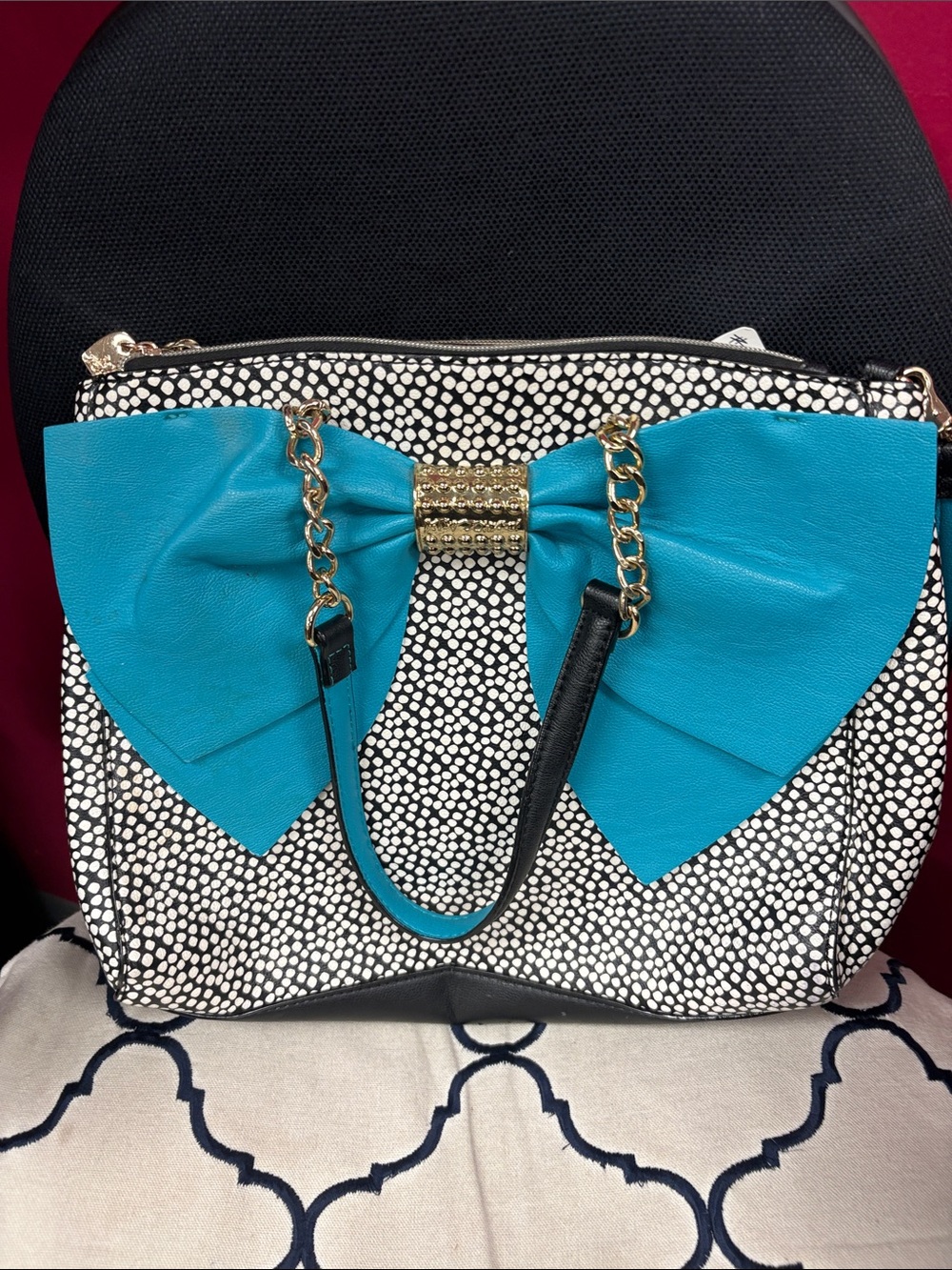Betsey Johnson Black & White Dot Satchel with Turquoise Bow and Gold Chain